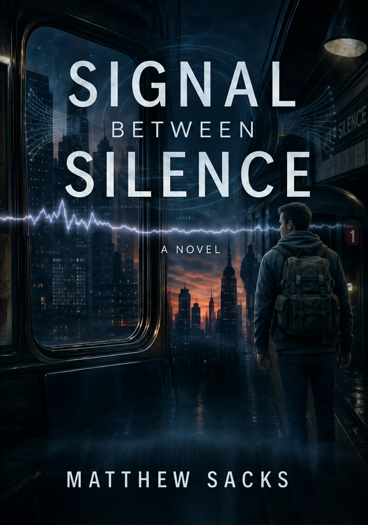 Front cover of The Signal Between Silence: a man with a backpack stands on a dark subway platform in front of a glowing city skyline, a pulse line crossing the title.