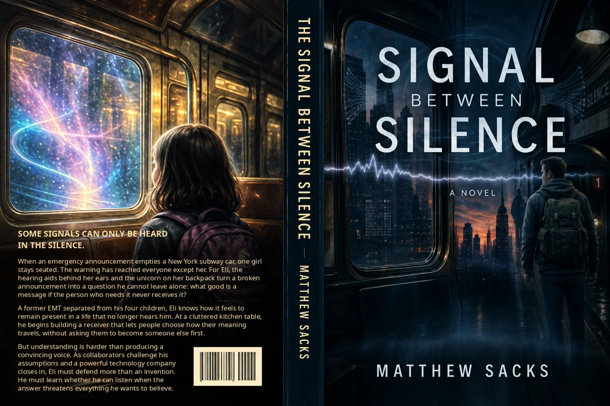 Full jacket of The Signal Between Silence: back cover with the synopsis and a girl looking out a subway window, the spine, and the front cover.